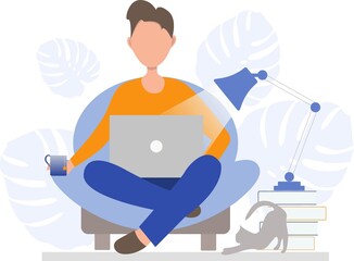 Man with a laptop sitting home and working remotely from home. Freelancer. Working from home. Studying from home.