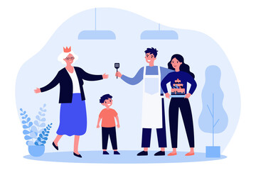 Family cooking cake and celebrating grandmothers birthday. Happiness, holiday. Flat vector illustration. Birthday concept can be used for presentations, banner, website design, landing web page