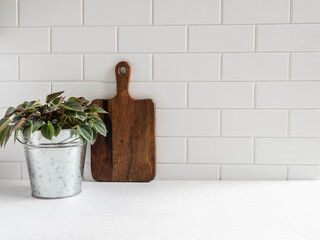 kitchen background with cutting board and houseplant