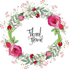 Round frame with pretty flowers roses. Festive floral circle for your season design.