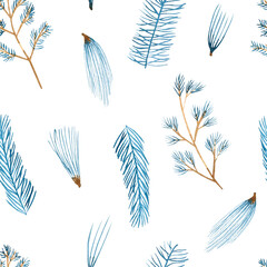 Watercolor winter fir tree branches seamless pattern. Hand drawn Christmas blue spruce, pine tree branches illustration for greeting cards, invitations, winter holiday party decor.
