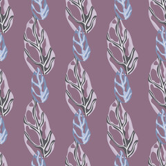 Blue and grey colored monstera silhouettes seamless pattern. Doodle tropical foliage on pastel purple background.