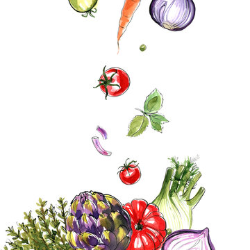 Food. Vegetables and herbs of Italian cuisine. Cauliflower, Eggplants, Carrots painted with a line on a white background. Sketch of meal with ink. Watercolor color food
