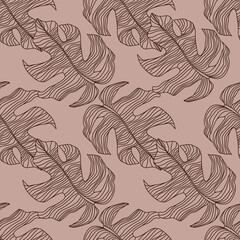 Autumn seamless doodle pattern with brown contoured monstera outline shapes. Pale pink background.