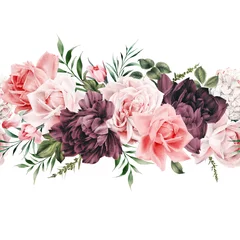 Glasschilderij Pioenrozen Naadloze bloemmotief met bloemen op zomer achtergrond, aquarel illustratie. Sjabloonontwerp voor textiel, interieur, kleding, behang
