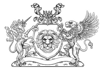 A crest coat of arms family shield seal featuring griffin, unicorn horse with horn and lion