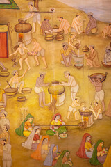 Ancient miniature wall painting of Patwon Ki Haveli in Jaisalmer, India. A haveli is a traditional townhouse or mansion in India.