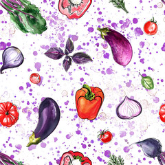 Pattern food vegetables painted with watercolor on a white background.  A colored sketch of vegetables. 