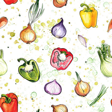 Pattern food vegetables painted with watercolor on a white background.  A colored sketch of vegetables. 