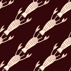Seamless contrast pattern with light marine lobster ornament. Diagonal seafood shapes on dark brown background.