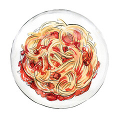 Spaghetti. Pasta painted watercolor on a white background. Colorful sketch of food. Italian food. Tomatoes.