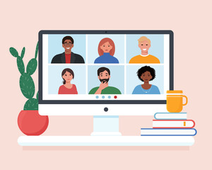 Video conference with people group, friends meeting. Computer screen. Vector illustration in flat style