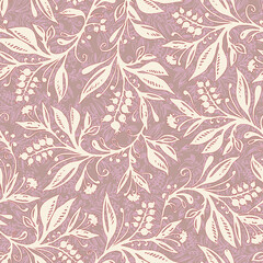 Fototapeta premium Floral seamless pattern with leaves and berries in chartreuse green, pink, cream and taupe colors, hand-drawn and digitized. Design for wallpaper, textile, fabric, wrapping, background.