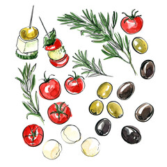 Italian food painted in watercolor on a white background. Color ink sketch food. Tomatoes, marasmus, green olives, black olives, mozzarella, canapes. Snacks