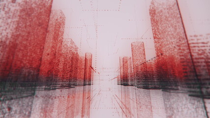 Moving through bright neon digital model of modern city made of symbols in red and black color on white background. Business, connections and digital technology concept. 3d rendering 4k negative video