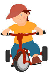 A boy in a baseball cap rides a tricycle. Children's entertainment, a game for toddlers. Vector in a flat style isolated on white. Red bike for training.