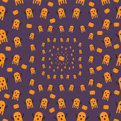 Seamless vector of halloween pattern with ghosts and pumpkins. Halloween concept. On purple background.