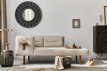 Modern ethnic living room interior with design chaise lounge, round mirror, furniture, carpet,...