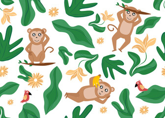 Fototapeta premium Vector illustration of seamless pattern with monkey, parrot, flower, plant leaves
