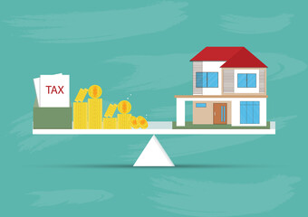 Estate tax,Vector illustration of Model house with Gold coin money and Tax box on seesaw green background