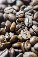 A closeup shot of dark roasted coffee beans in Kandy, Sri Lanka