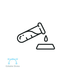 Test tube with drop icon. Medical,  chemical reagent. laboratory experiment. Dripping liquid from glass. line, outline pictogram. Editable stroke Vector illustration. Design on white background EPS 10