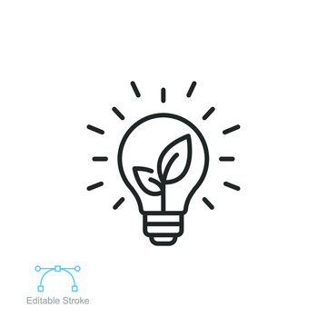 Sustainable ecological energy icon. Shining electric ecology light  bulb with leaf inside. Go green lamp tube silhouette. Editable stroke. Line vector illustration. Design on white background. EPS 10