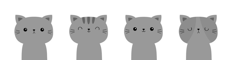 Cat set. Gray face icon. Line banner. Funny kawaii doodle baby animal. Cute cartoon funny character. Four friends. Pet collection. Kitten kitty. Flat design. White background. Isolated.