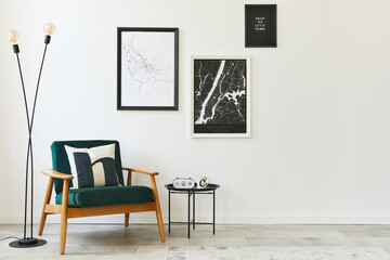 Retro and minimalist compositon of living room interior with design armchair, two mock up poster...