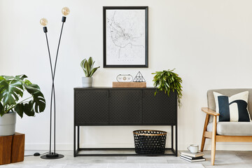 Modern retro concept of home interior with design grey armchair, coffee table, plants, mock up...