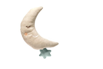 Toy moon with star isolated on white background, soft fluffy toy