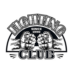 Flat emblem for fight club with two fists. Boxing and fighting club logo with fist. Isolated vector illustration. Martial arts, sport and kickboxing design elements concept
