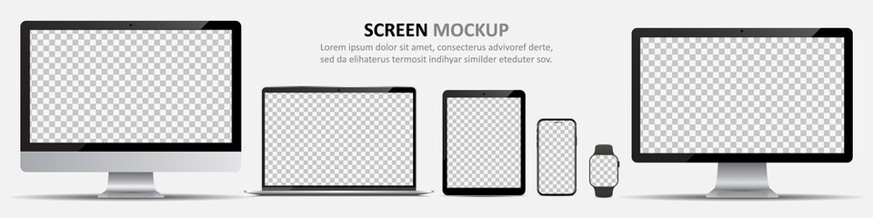 Screen mockup. Computer monitors, laptop, tablet, smartphone and smartwatch with blank screen for design - obrazy, fototapety, plakaty