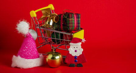 Red Christmas, gilf box and New Year Holidays background with copy space