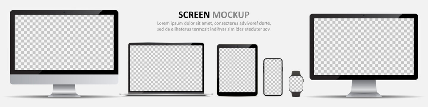 Screen mockup. Computer monitors, laptop, tablet, smartphone and smartwatch with blank screen for design