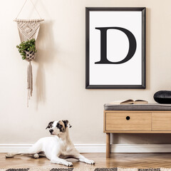 Mock up poster frame. Dog lying on the carpet. Scandinavian and design home interior of living room with wooden commode,rattan basket with plants, and elegant accessories. Stylish home decor.
