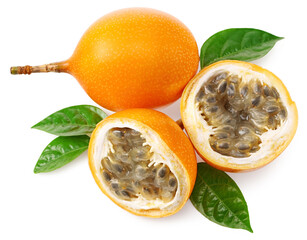 Granadilla or yellow passion fruit with green leaves isolated on white background. exotic fruit....