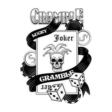 Gangster casino skull flat image. Vintage logotype, sticker, print with playing cards, joker, hat, money, dice. Vector illustration for poker club labels, gambling concept