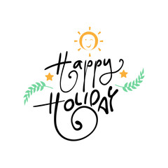 Obraz premium Happy holidays.Beautiful greeting card scratched calligraphy black text word gold stars. Hand drawn invitation, promotion design. Handwritten modern brush lettering white background isolated