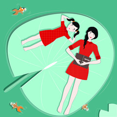 Two girls are swimming on a water lily with a book