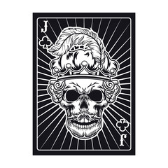 Playing card with skull of jack in crown with feather. Club, royal hat. Flat vector illustration for gambling, poker club, online game concept
