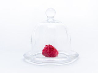 Red ripe raspberries in a mini glass plate under a glass cover. Gourmet dessert. Concept uniqueness