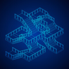 Wireframe stairs, interior staircases steps with railing