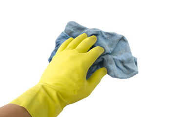 Employee hand in rubber protective glove with microfiber rag wiping blue table, wall or floor surface in room, bathroom, kitchen. Early spring or regular cleanup. Commercial cleaning company concept.