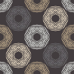 Mosaic with geometric shapes. Seamless pattern. Design with manual hatching. Textile. Ethnic boho ornament. Vector illustration for web design or print.