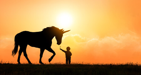 Unicorn silhouette at sunset with baby