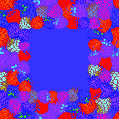 Blue background. Square frame made of colored berries. Place for your text.