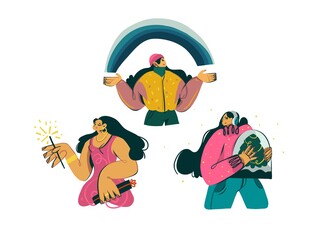 Hand drawn vector abstract cartoon modern graphic girls set illustrations art collection isolated on white background