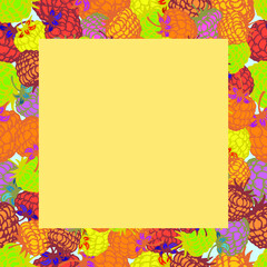 Various berries. Square frame made of colored berries. Place for your text. Seamless pattern.