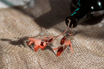 Rustic fall autumn mood concept background : dark glass bottle, jute cloth, dry branch, red leaves,...